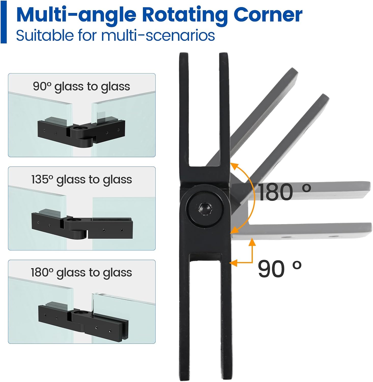 Muzata 8Pack Black Glass Standoff 2' Glass Bracket GA07 with 2Pack Black Adjustable Glass to Glass Clamp Angle (90°-180°) GA08