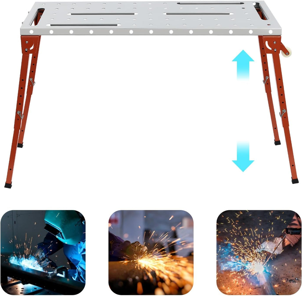 Welding Table Portable Work Bench Folding Workbench Adjustable Height Desk 46 * 18In Cart with 4Adjustable & Foldable Legs+2Casters Handles Steel 1000Lbs Weight-Carrying Capacity