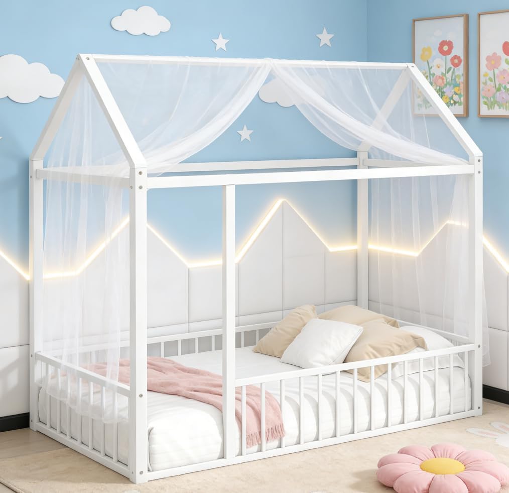Bellemave Twin Size House Floor Montessori Bedframe with Rails and roof, Metal House Bed for Kids, Montessori Floor Beds for Kids, White
