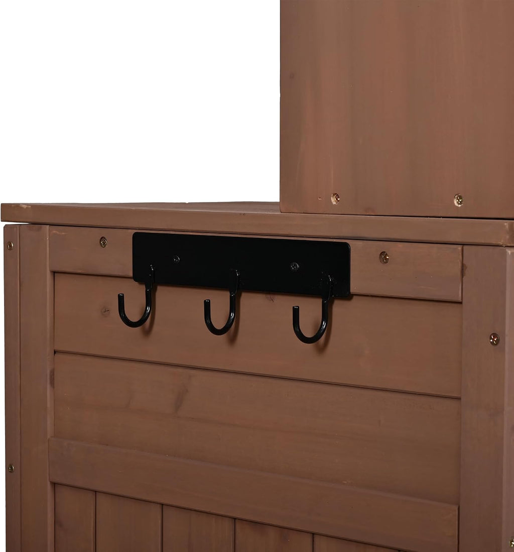 Merax Outdoor Garden Potting Bench with Hutch, 65' H Solid Fir Wood Patio Garden Workstation Tabl with Large Countertop, Adjustable Shelves, Door Rack, Side Hook and Drawer, Brown