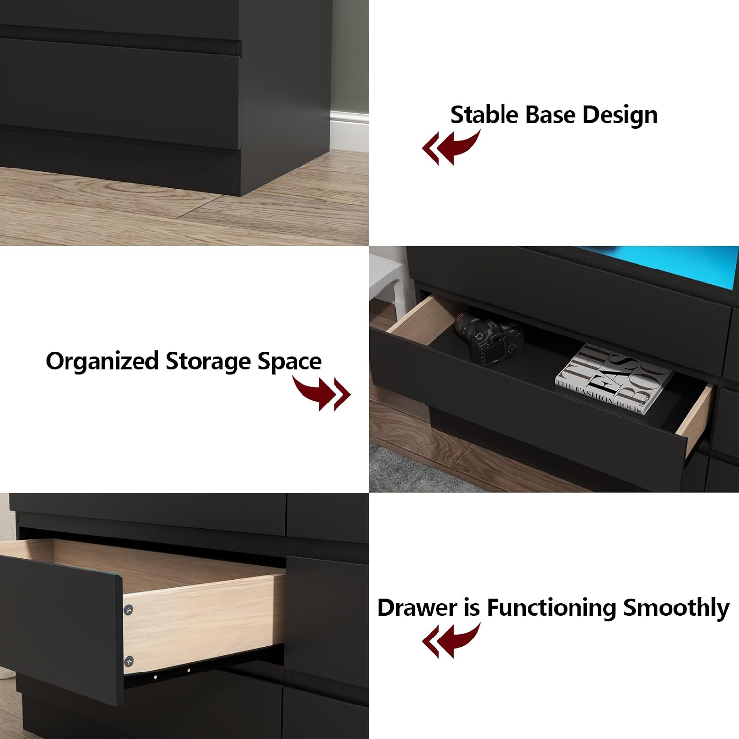 Loomie 6 Drawer Dresser for Bedroom, Wide Chest of Drawers with Charging Station and LED Lights, Traditional Bedroom Furniture, Modern Storage Dresser TV Stand for Living Room (Black)