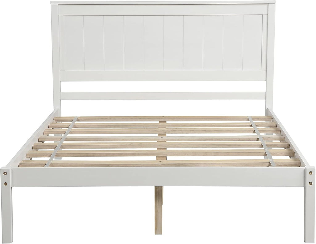 Full Size Platform Bed Frame with Headboard,Bedroom Stylish Bed W/Wood Slat Support & No Box Spring Required,Easy to Assemble,for Kids Teens Girls Boys,White