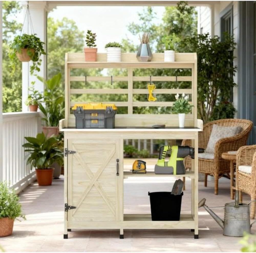 Premium Wooden Potting Bench with Built-in Sink, Adjustable Shelf, Tool Hooks, and Ample Storage for Gardeners (Natural Wood + Wood)