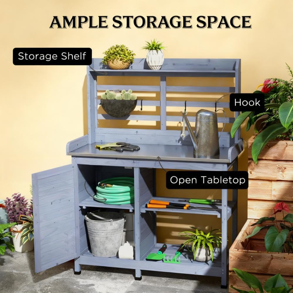 Easy to Clean Wooden Potting Bench with Storage,Sink,Water Tap,for Backyard,Patio,Balcony