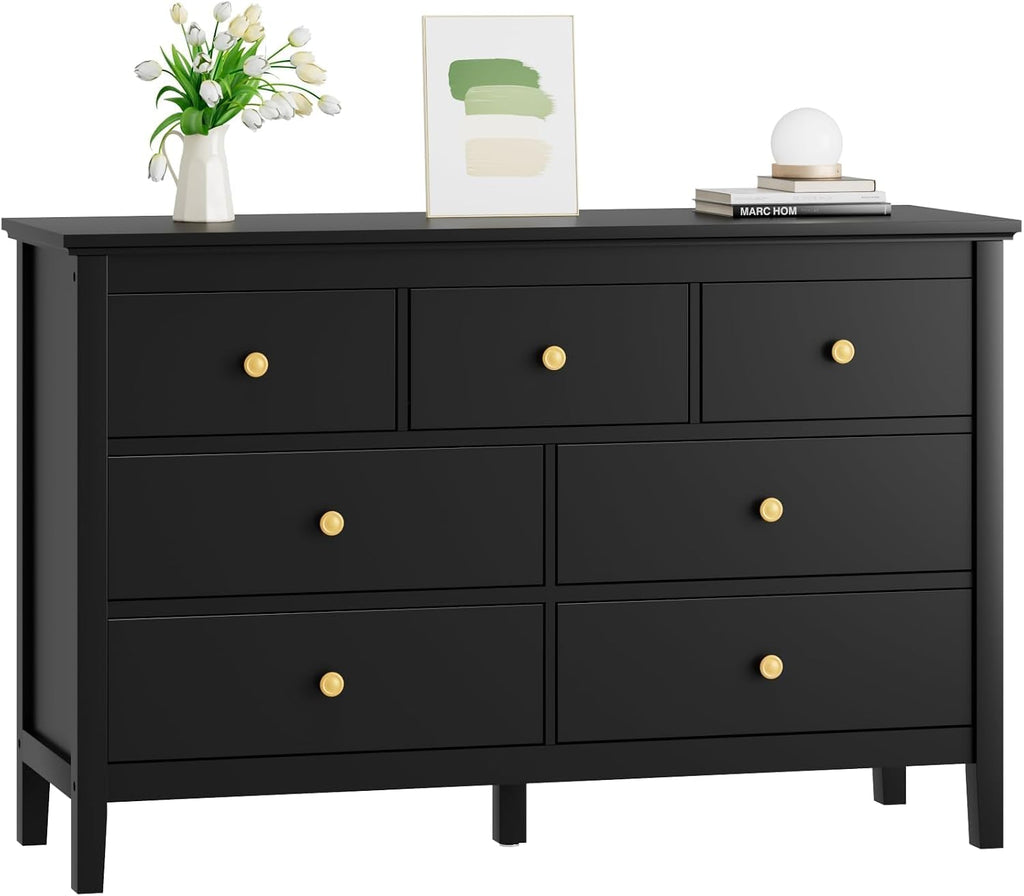 CARPETNAL 7 Drawers Dresser for Bedroom, Black Dressers & Chests of Drawers with Gold Handles and 7 Large Drawer, Modern Wooden Storage Organizer Cabinet for Hallyway, Entryway