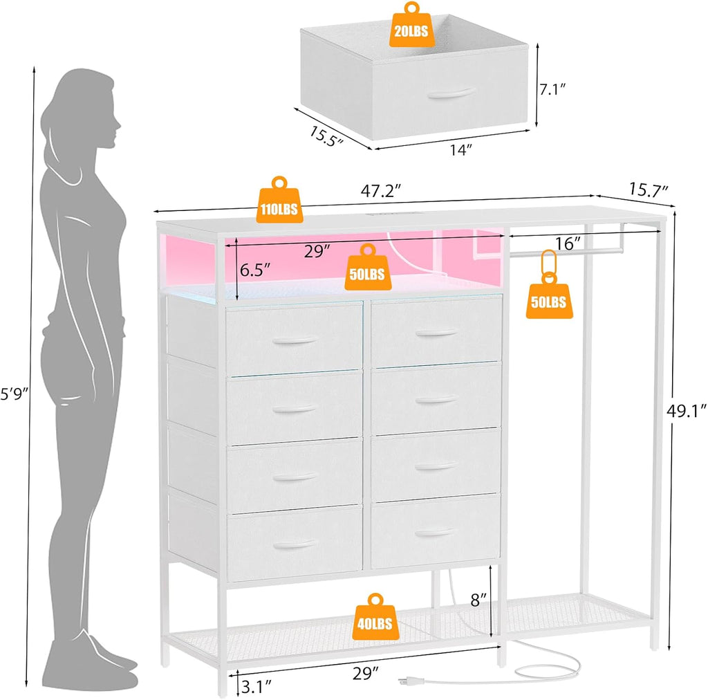 White Dresser for Bedroom with 8 Drawers, Bedroom Dressers with Hanging Rack, Clothes Storage Cabinet with Led Lights & Charging Station, 47 Inch Chest of Drawers with Shelves for Bedroom, Closet