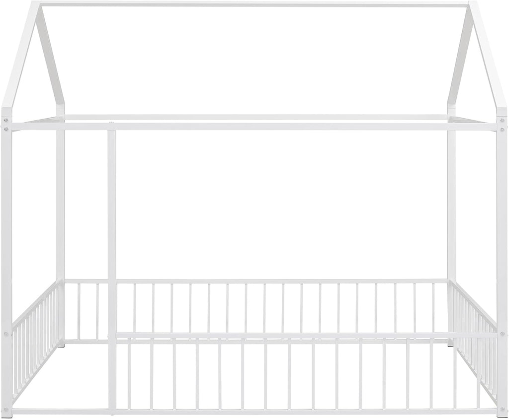 Bellemave Full Size House Floor Montessori Bedframe with Rails and roof, Metal House Bed for Kids, Montessori Floor Beds for Kids White