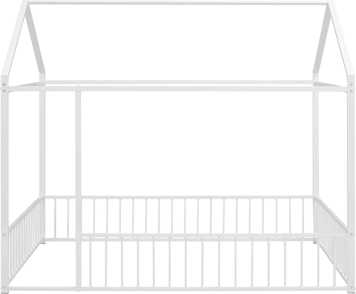 Bellemave Full Size House Floor Montessori Bedframe with Rails and roof, Metal House Bed for Kids, Montessori Floor Beds for Kids White