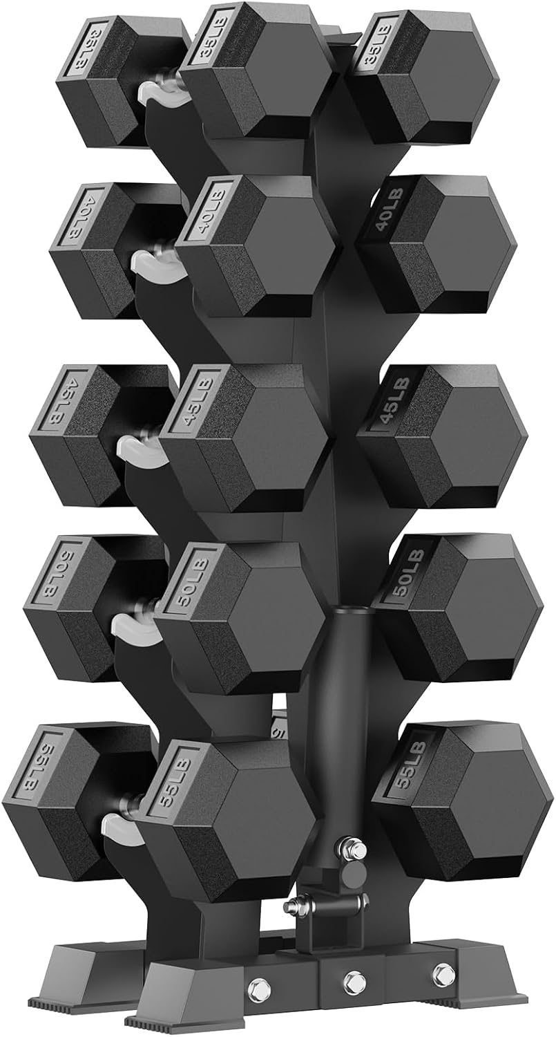 PAPABABE Hex Dumbbell Sets with Rack, 100-600lb Rubber Coated Dumbbell Weight Set and Storage Rack, Multiple Options Hand Weights for Strength Training