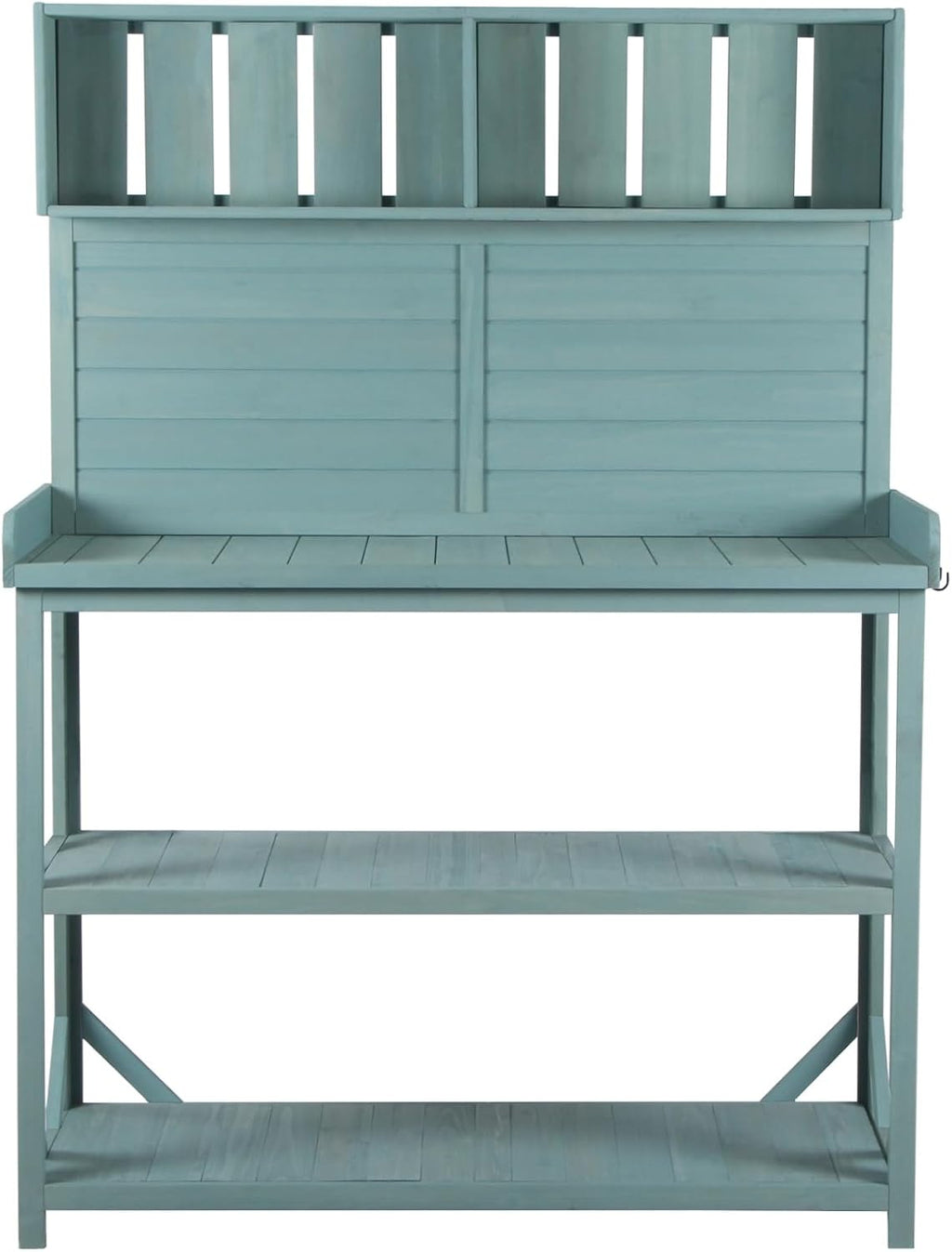 65' Large Wooden Farmhouse Rustic Outdoor Potting Bench Table, Patio Workstation, Garden Potting Bench with 4 Storage Shelves and Side Hook,Green
