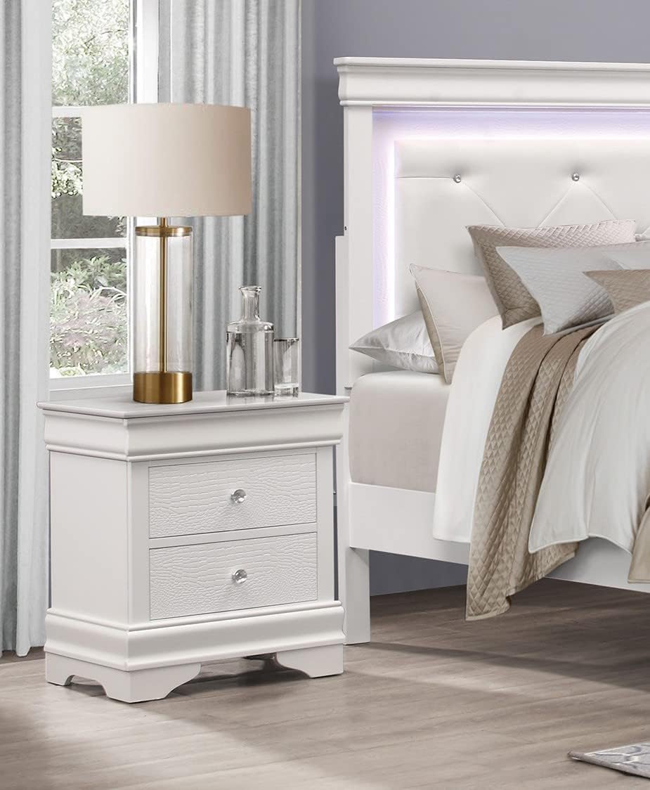 Glam 4 Pieces Set Bedroom Furniture Full Size Tufted LED Light Bed White Finish Alligator Texture Fronts Wooden Traditional Design