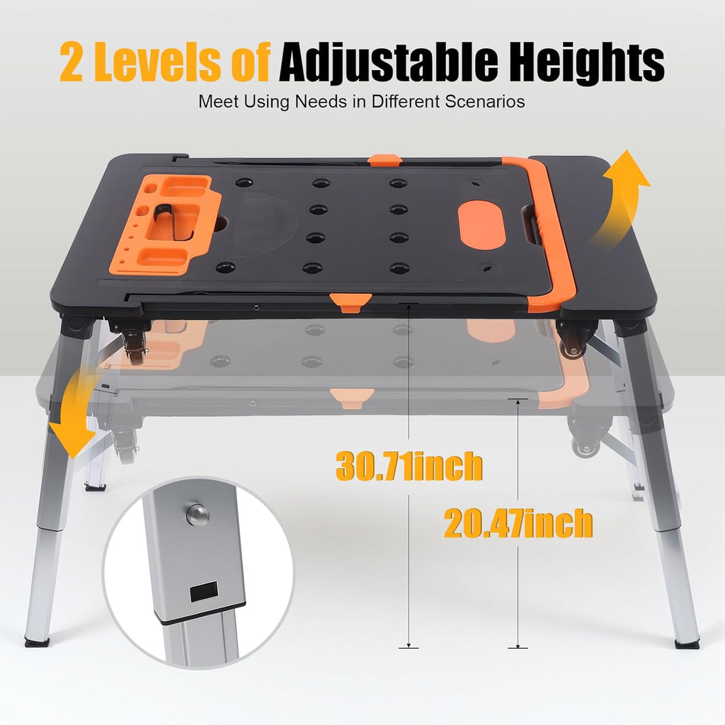 7-in-1 Multifunctional Work Platform Portable Workbench Handcart 551lbs Scaffolding Sawhorse Workbench with Garage Woodworking Adjustable Height Car Creeper Dolly and Hand Truck with 4 Wheels