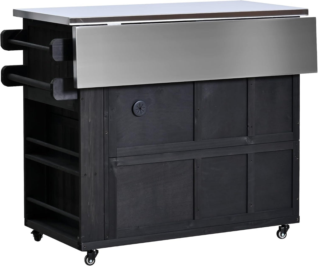 Outdoor Solid Wood Extendable 19.3''/28'' Kitchen Island,Stainless Steel Top Grill Table with Side Spice Rack,Drawers,for Backyard, BBQ,Party (Black-D)