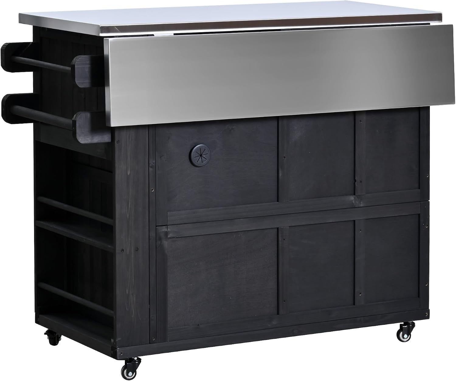 Outdoor Solid Wood Extendable 19.3''/28'' Kitchen Island,Stainless Steel Top Grill Table with Side Spice Rack,Drawers,for Backyard, BBQ,Party (Black-D)