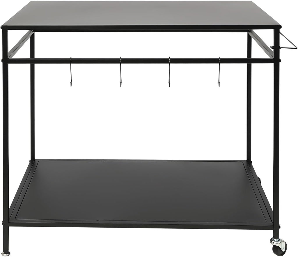 Grill Cart, 2Tier Stainless Steel Movable Food Prep Table, Black | Double Wide Shelves 4 Hanging Hooks Maximize Outdoor Cooking Storage Room