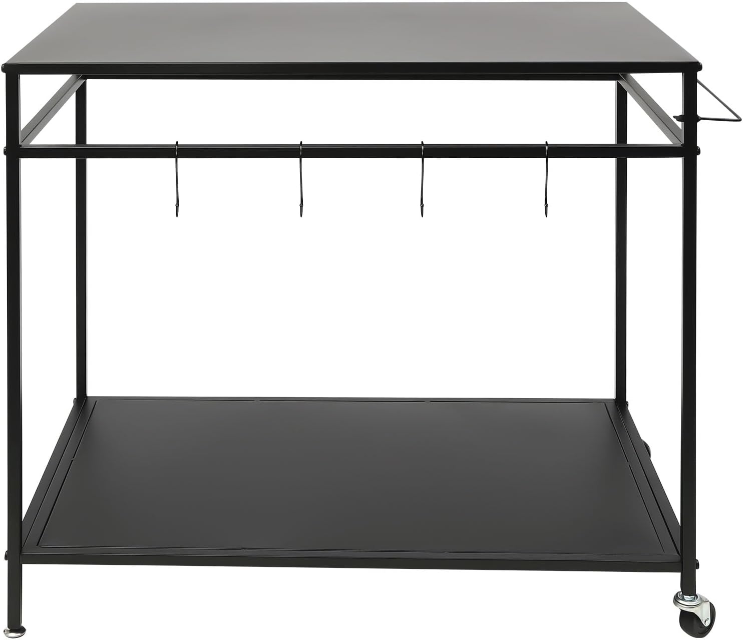 Grill Cart, 2Tier Stainless Steel Movable Food Prep Table, Black | Double Wide Shelves 4 Hanging Hooks Maximize Outdoor Cooking Storage Room