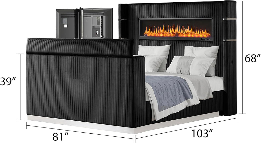 4 Pc King Bedroom Set Made with Fireplace in Headboard TV Stand in Footboard with Wood in Black