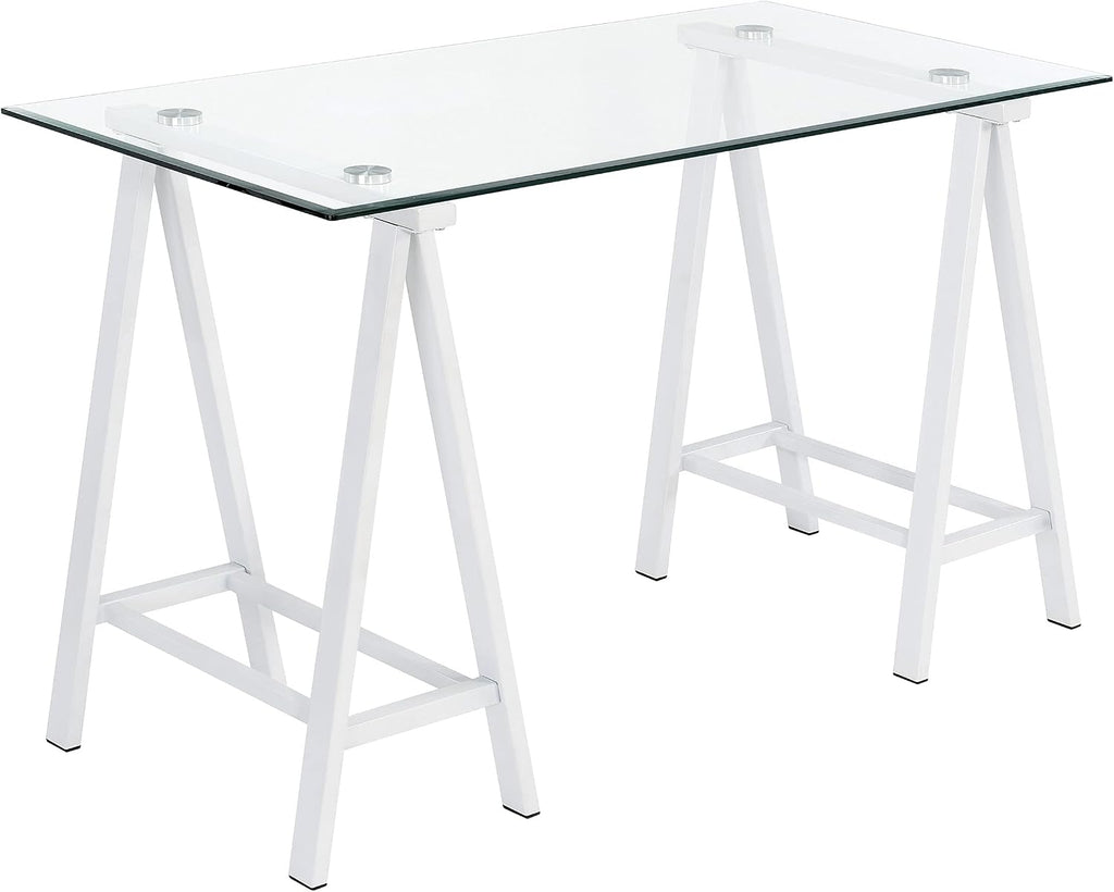OSP Home Furnishings Middleton 47 Inch Desk with Clear Beveled Glass Top, White Base