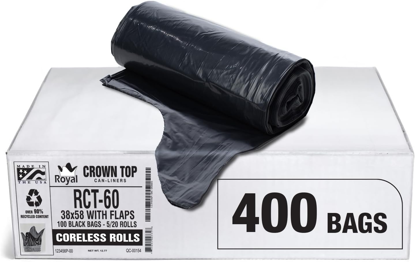 Aluf Plastics RCT-60 Star Sealed Coreless Rolls with E-Z Tie Flap Closure, 60 gal, Polyethylene, 38' x 58', Black (Pack of 400)