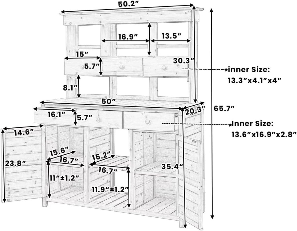 JIJIWANG 65.7'' H Tall Garden Potting Bench Table with Hutch,Patio Storage Workstation with 3 Shelves,6 Drawers,2 Bottom Cabinets&Side Hooks for Mudroom,Doorway, Brown