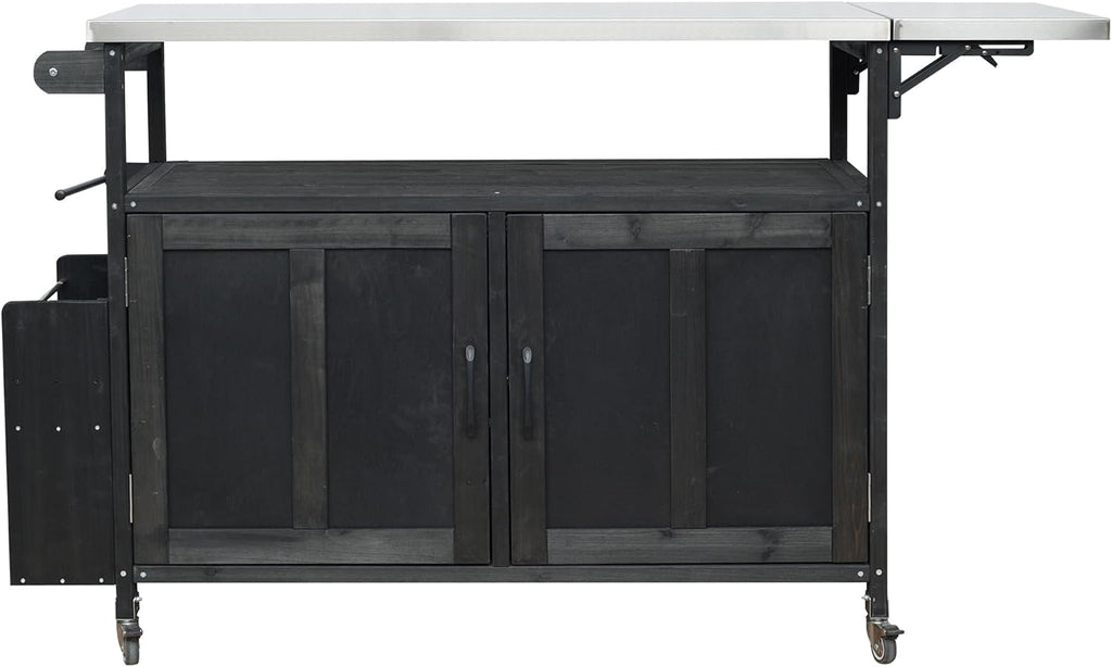 60.6' Outdoor Kitchen Island with Storage Cabinet, Solid Wood Grill Table Cart with Foldable Stainless Steel Top, Wheels and Adjustable Shelves, Outdoor Cooking Table for BBQ, Food Prep, Black