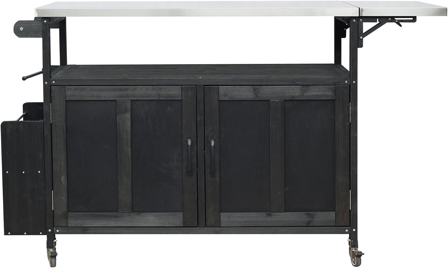 60.6' Outdoor Kitchen Island with Storage Cabinet, Solid Wood Grill Table Cart with Foldable Stainless Steel Top, Wheels and Adjustable Shelves, Outdoor Cooking Table for BBQ, Food Prep, Black