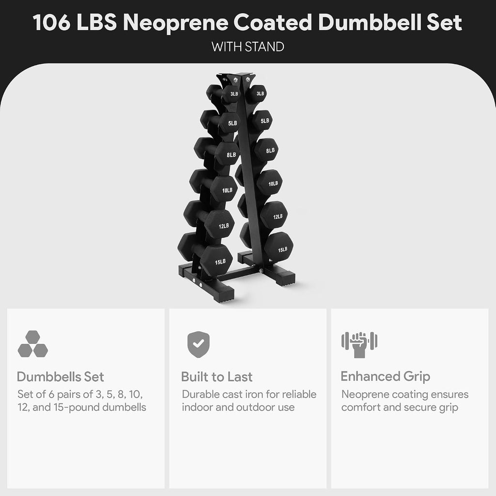 BalanceFrom Neoprene Coated Iron Dumbbell Hex Weights Set with Stand – Color-Coded or Black Options with Non-Slip Grip for Strength Training, Resistance Workouts, and Home Gym Fitness