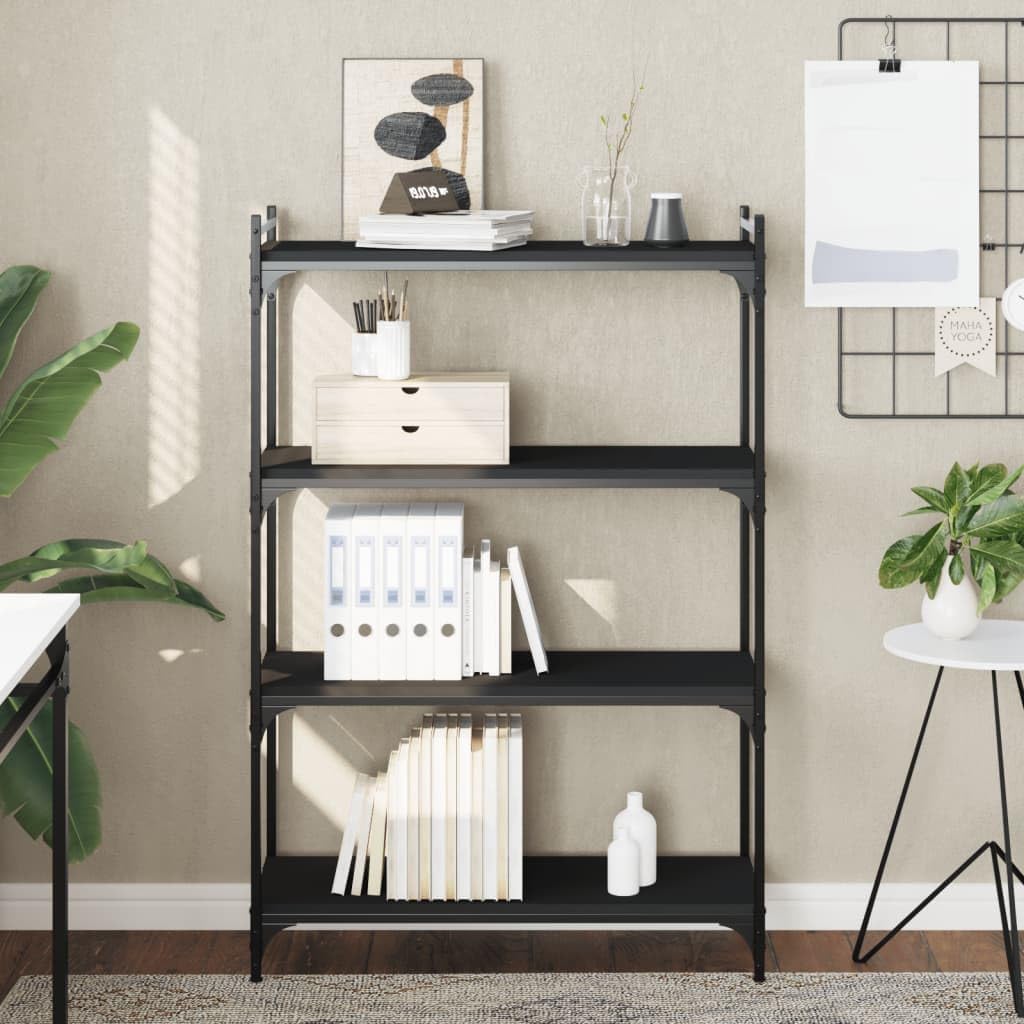 4-Tier Industrial Bookcase, Black Engineered Wood & Metal Frame, Stable Storage Shelf for Living Room, Office, Bedroom, Adjustable Feet