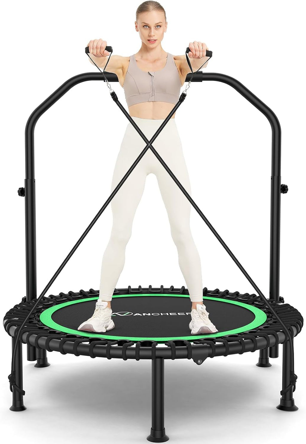 ANCHEER 40'/48' Foldable Mini Trampoline,Max Load 450lbs/550lbs Indoor Trampoline,with 4 Level Adjustable Foam Handle and Resistance Bands,Adult Exercise Trampoline for Home, Garden, and Gym