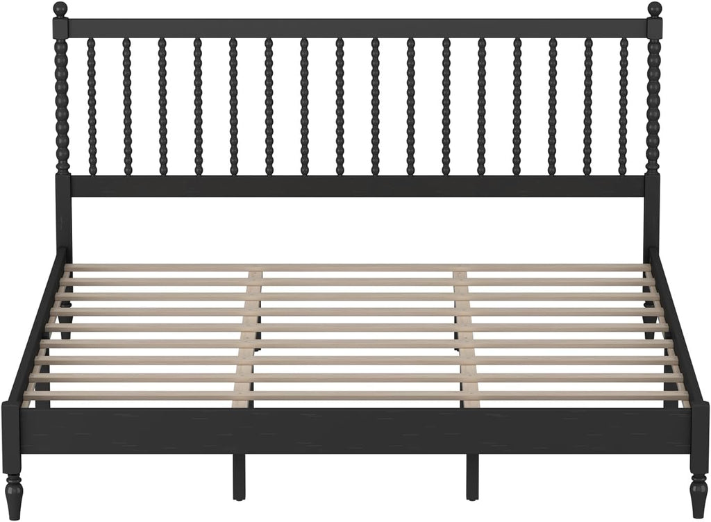 3 Pieces Bedroom Sets King Size Wood Platform Bed with Gourd Shaped Headboard with 2 Nightstands,Antique Black