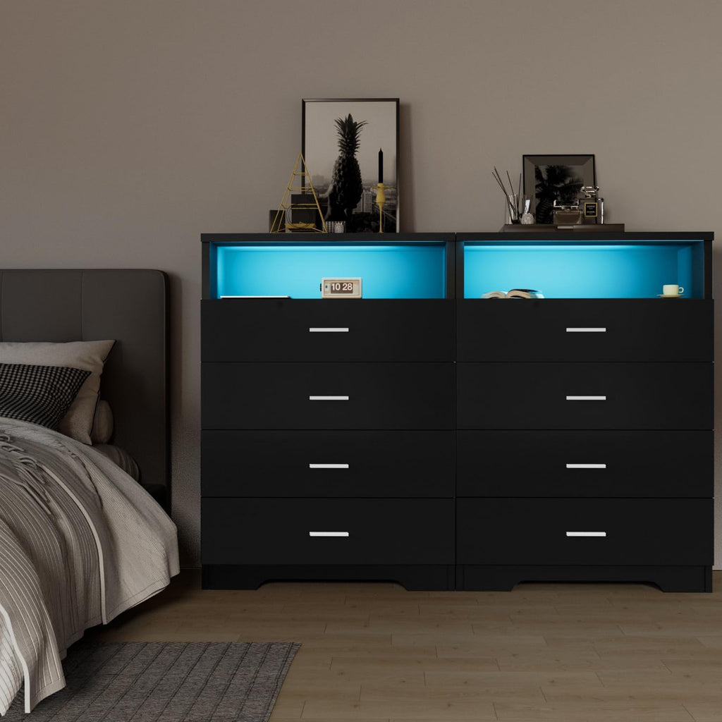 FJTJBSI Dresser with Power Outlets and LED Lights Wooden 4 Drawer Dresser with Large Organizer Tall Black Drawer for Bedroom Modern Chest of Drawers Closet for Living Room Kids Room