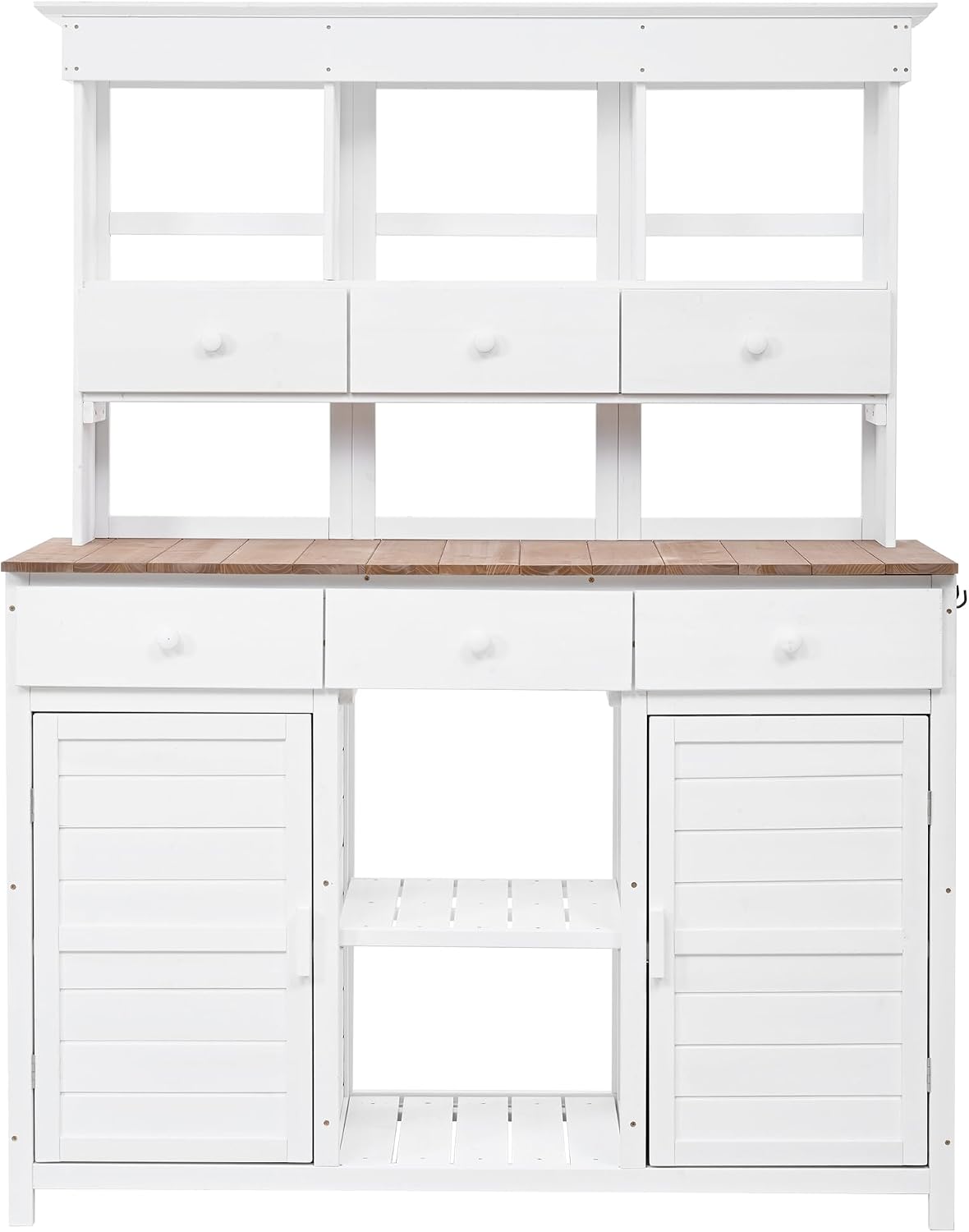 Roomfitters 65.7' Tall Garden Potting Bench Table with Hutch, 3 Shelves, 6 Drawers, 2 Cabinets and Side Hooks, White