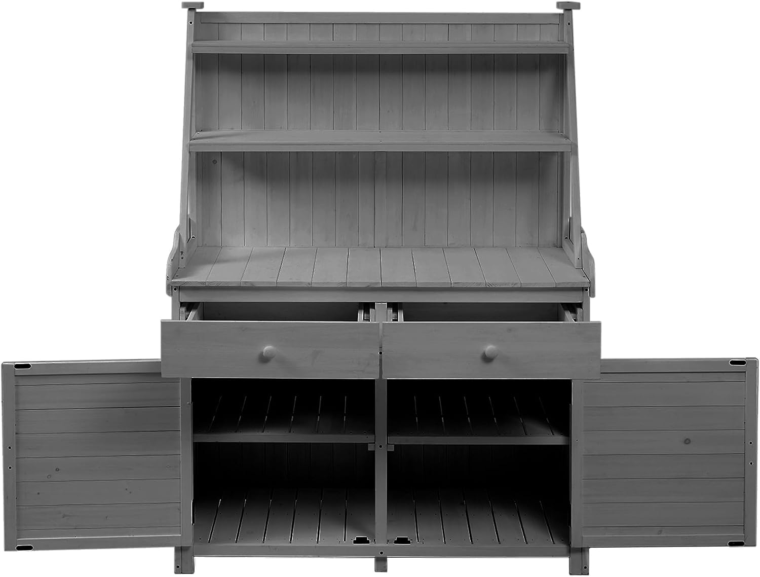 Roomfitters 65' Garden Potting Bench Table, Fir Wood Workstation with Storage Shelf and Cabinet, Gray