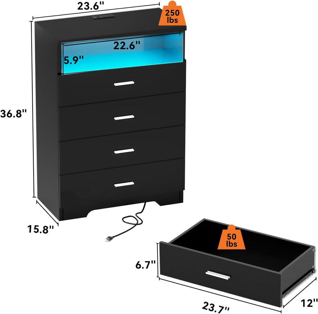 FJTJBSI Dresser with Power Outlets and LED Lights Wooden 4 Drawer Dresser with Large Organizer Tall Black Drawer for Bedroom Modern Chest of Drawers Closet for Living Room Kids Room