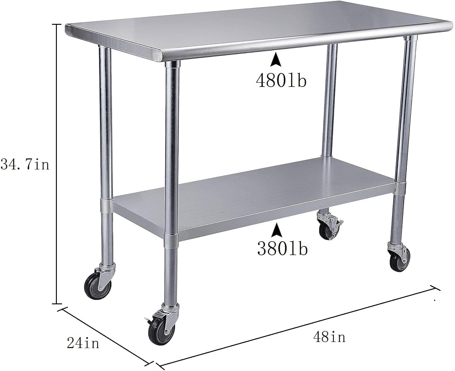 ROCKPOINT Stainless Steel Table for Prep & Work with Caster Wheels 24x48 Inches, NSF Metal Commercial Kitchen Heavy Duty Table with Adjustable Under Shelf and Table Foot for Restaurant, Home and Hotel