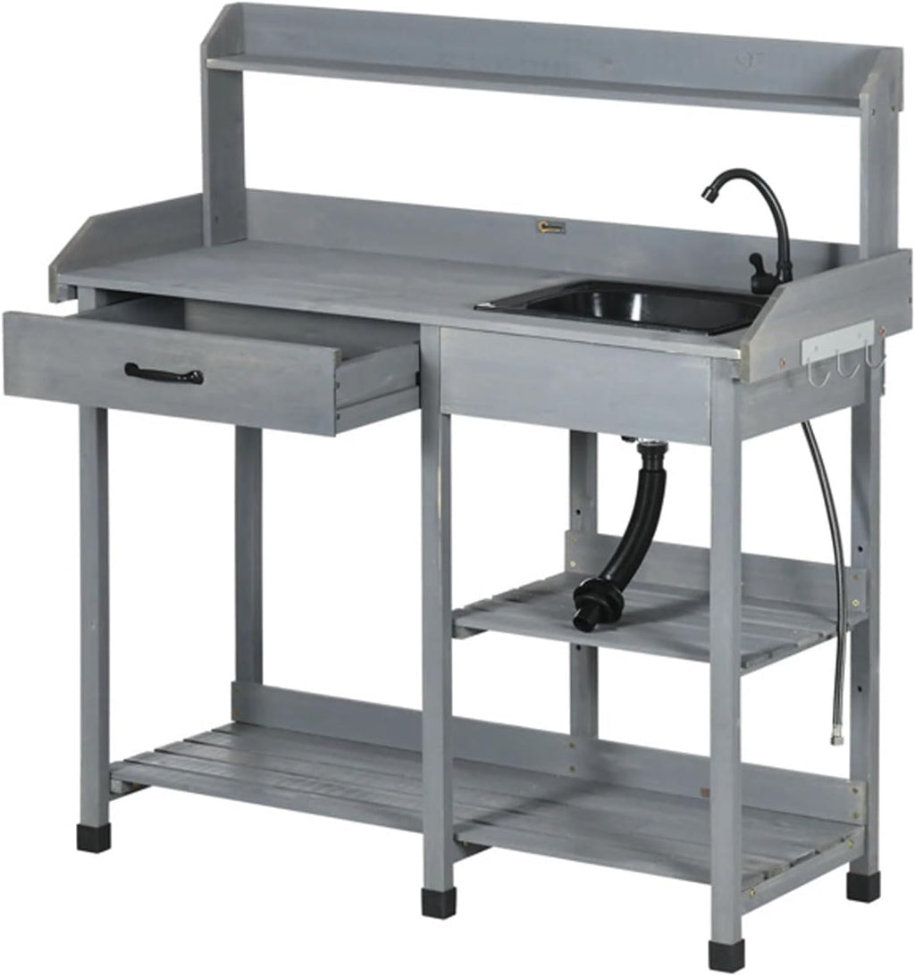 Outdoor Potting Bench Table Wooden Potters Benches Table with Removable Sink, Faucet, Drawer, Open Shelves, Hooks, Outside Lawn Patio Garden Workstation, Gray