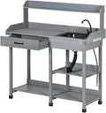 Gray Potting Bench Table with Removable Sink and Faucet, Wooden Outdoor Potters Benches with Drawer, Open Shelves, Hooks, Garden Workstation for Outside Lawn Patio