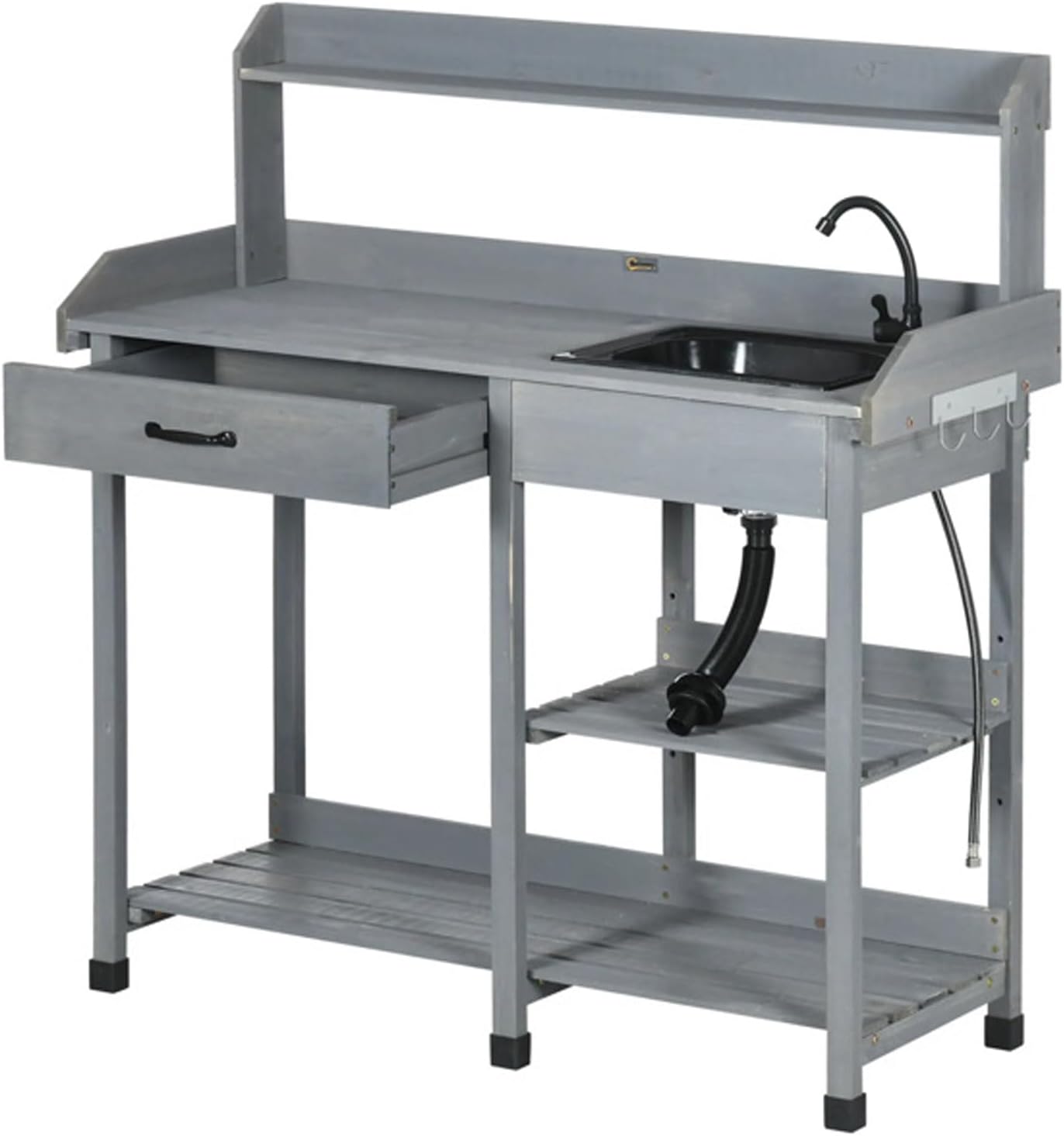Outdoor Potters Benches with Removable Sink and Faucet, Wooden Potting Bench Table with Drawer, Open Shelves, Hooks, Garden Workstation for Outside Lawn Patio, Gray