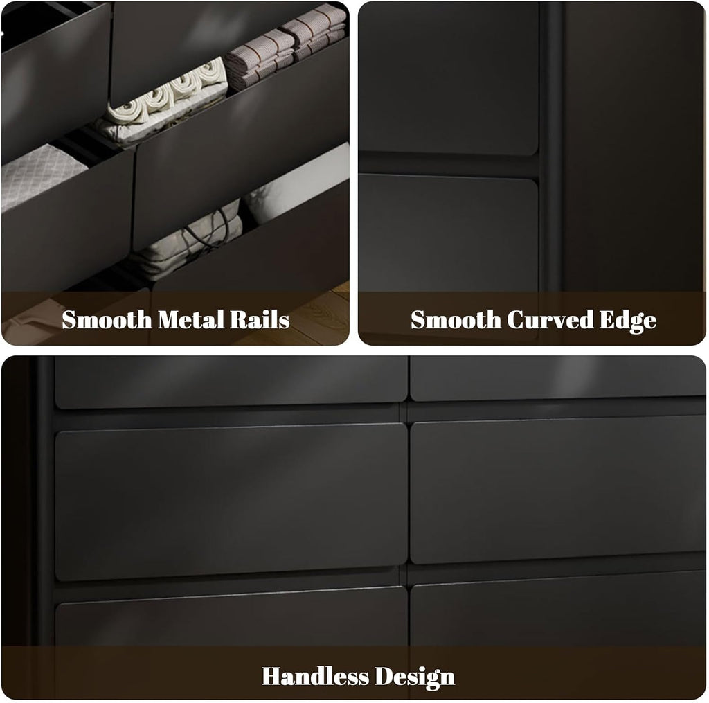 9 Drawer Dresser for Bedroom, 63' Long Black Chest of Drawers with Charging Station & LED Lights, Curved Anti-Collision Design,Wooden Closet Storage Cabinet,Modern Dresser TV Stand with Deep Drawers