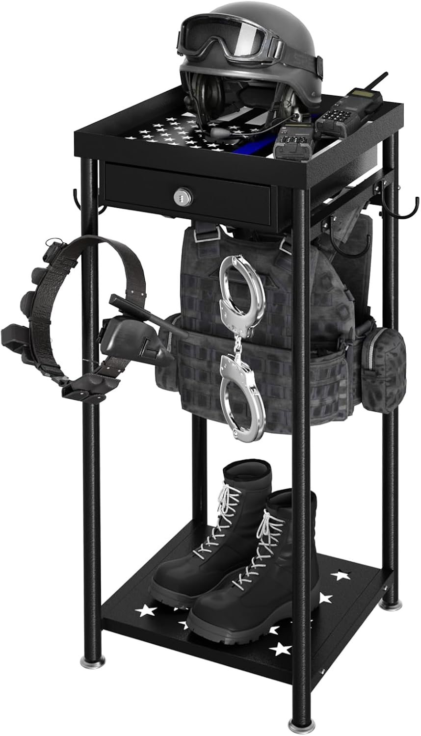 Heavy Duty Police Gear Rack with Drawer, Freestanding Tactical Duty Gear Rack Organizer with Hooks, Black Body Armor Stand for Storing Uniform, Vest Belt Helmet, Police Gift