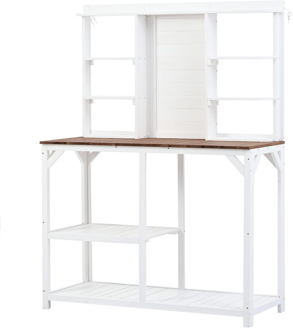 64.6' Outdoor Large Potting Bench Table,Wood Workstation with 6-Tier Shelves and Large Tabletop,Backsplash and Side Hook,for Mudroom Backyard Garden Patio (White@Shelves)
