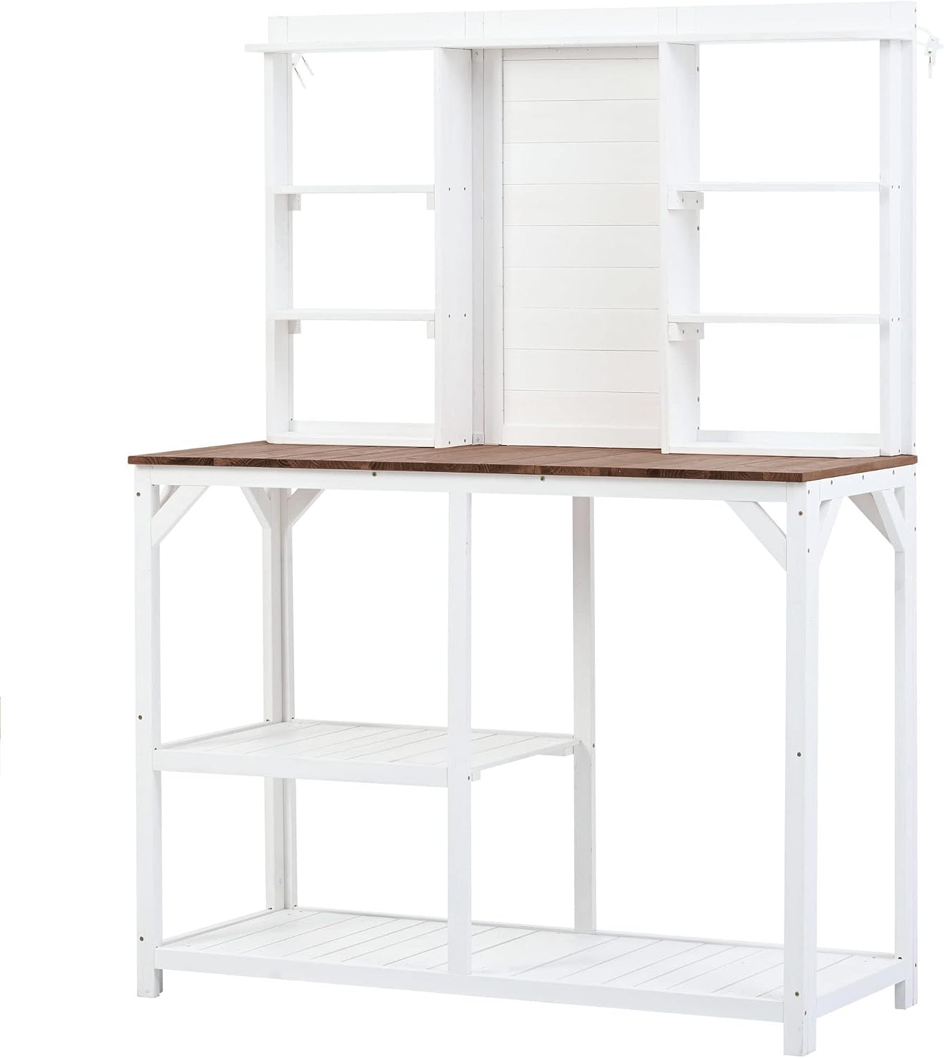 64.6' Outdoor Large Potting Bench Table,Wood Workstation with 6-Tier Shelves and Large Tabletop,Backsplash and Side Hook,for Mudroom Backyard Garden Patio (White@Shelves)