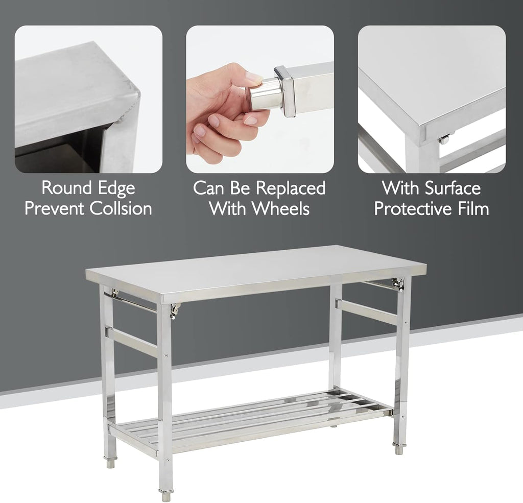 48''x24'' Stainless Steel Folding Preparation Table with Adjustable Undershelf, NSF Commercial Heavy-Duty Workbench, for Kitchen, Hotel, Home, Outdoor Cooking Table