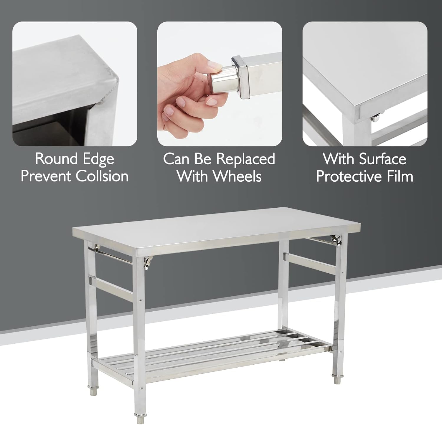 48''x24'' Stainless Steel Folding Preparation Table with Adjustable Undershelf, NSF Commercial Heavy-Duty Workbench, for Kitchen, Hotel, Home, Outdoor Cooking Table