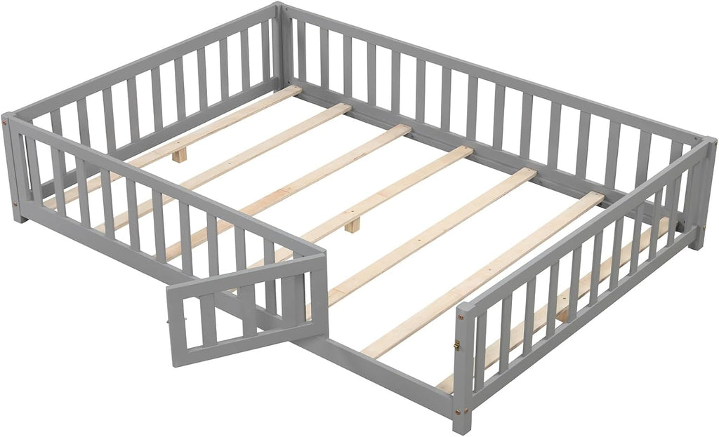 Giantex Full Size Floor Bed for Kids, Low Montessori Bed with Wood Slats & Safety Guardrails, Solid Wood Full Floor Beds with Fence and Door for Kids Boys Girls, Grey