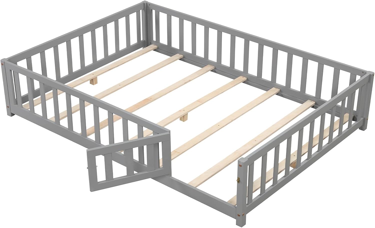 Giantex Full Size Floor Bed for Kids, Low Montessori Bed with Wood Slats & Safety Guardrails, Solid Wood Full Floor Beds with Fence and Door for Kids Boys Girls, Grey