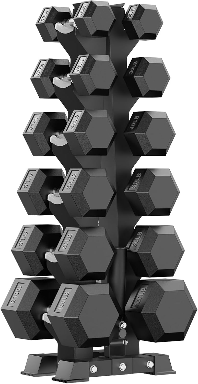PAPABABE Hex Dumbbell Sets with Rack, 100-600lb Rubber Coated Dumbbell Weight Set and Storage Rack, Multiple Options Hand Weights for Strength Training