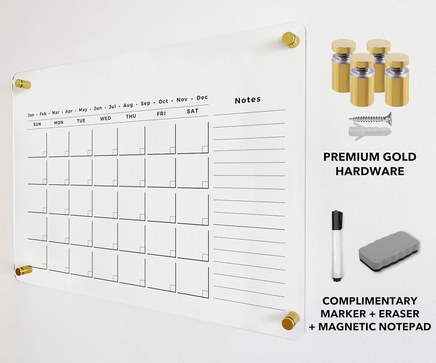 Oversize Acrylic Premium Calendar for Wall - Home Office Monthly Glass - Customizable Thick Clear Dry Erase Board - Calendar 2026 Dry Erase Planner (Gold Standoff, 36'x24' (Large))