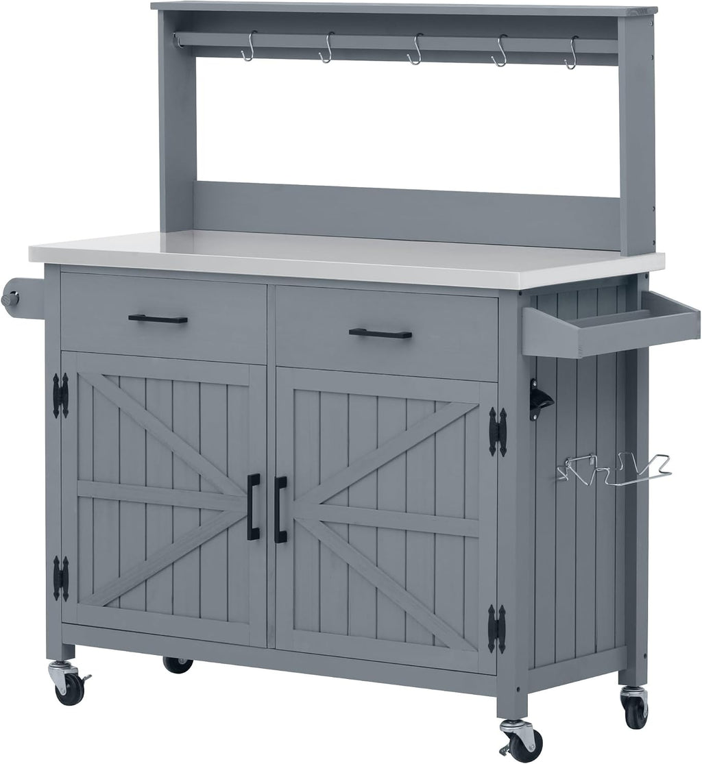 54.1' Outdoor Kitchen Island with High Shelf – Large Potting Bench Table Featuring Stainless Steel Top, Solid Wood Grill Cart, Lockable Wheels & Smart Storage for BBQ, Garden(Grey Blue)