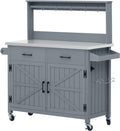 54.1' Outdoor Kitchen Island with High Shelf – Large Potting Bench Table Featuring Stainless Steel Top, Solid Wood Grill Cart, Lockable Wheels & Smart Storage for BBQ, Garden(Grey Blue)